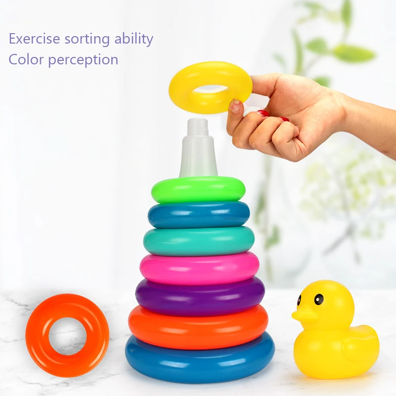 Baby Little Yellow Duck Rainbow Tower Stacking Circle Educational Toy