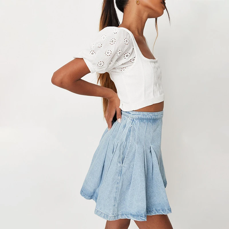 Bestex Custom High Wasited Polyester Private Label Adult Tennis Skirts Jean Pleated Denim Tennis Skirt Set