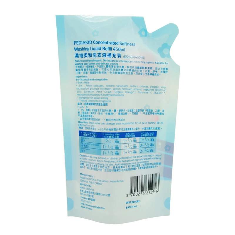 plastic foil pouch liquid hand soap / detergent refill /cloth softner refill packaging bag