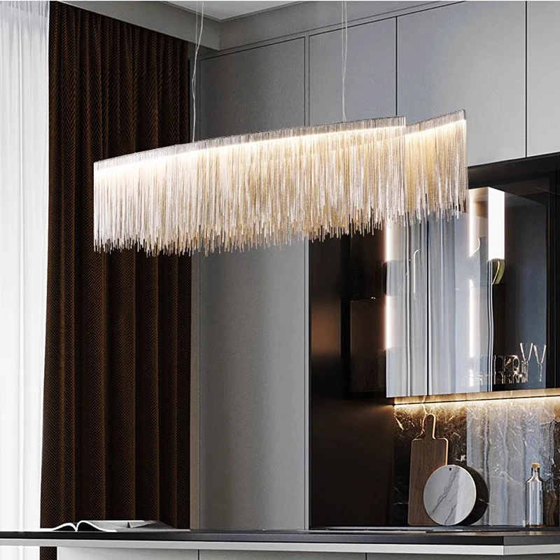 Modern design nordic modern wavy tassel aluminum silver metal chain hotel led linear chandelier pendant light