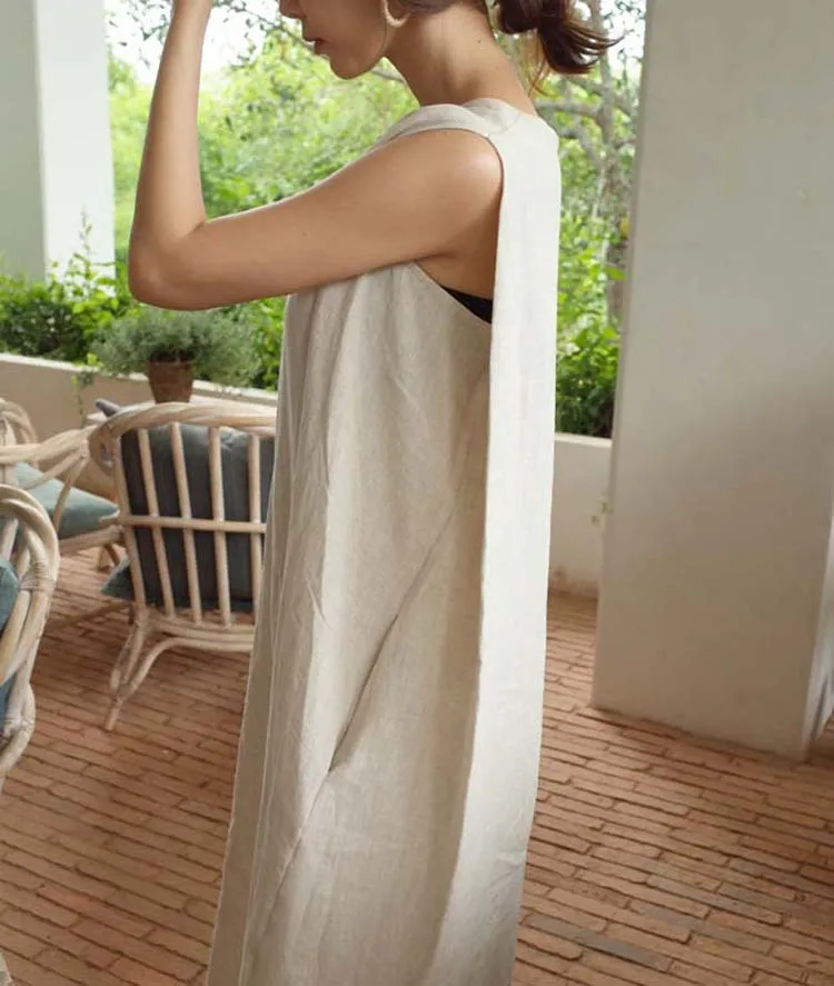 2024 New Summer Linen Dress Women Casual Long Loose Plus Size Sleeveless Round Neck Dresses Clothing Woman Natural Adults