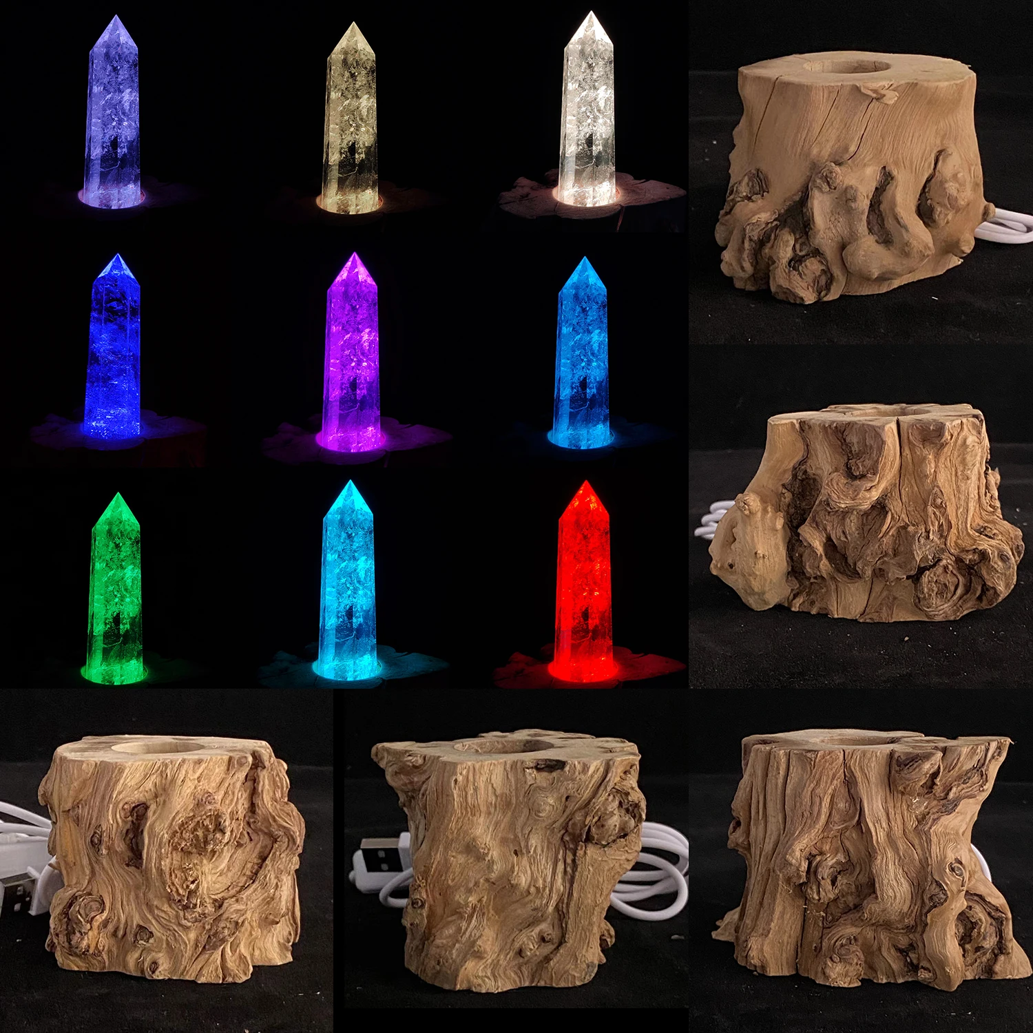 Natural Tree Root Carving Crafts Crystal Wood Base With Different Color Lights Display Stand Base For Room Decoration