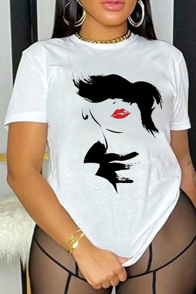 Fashion Cute Print Womens White Short Sleeve Round Neck Knit t Shirts for Lady Spring Summer Autumn