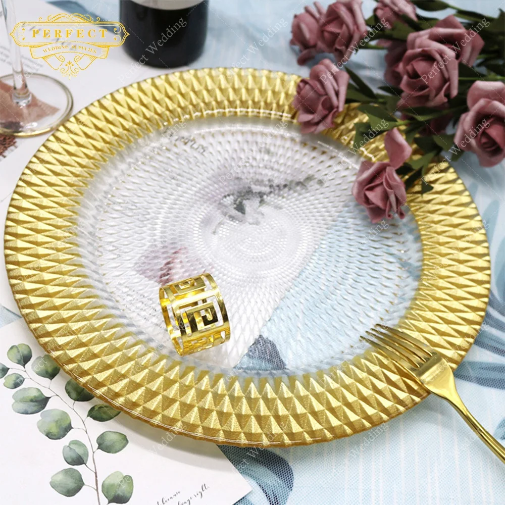 New Design Golden Pattern Glass Plates For Wedding Clear Presentation Charger Plates