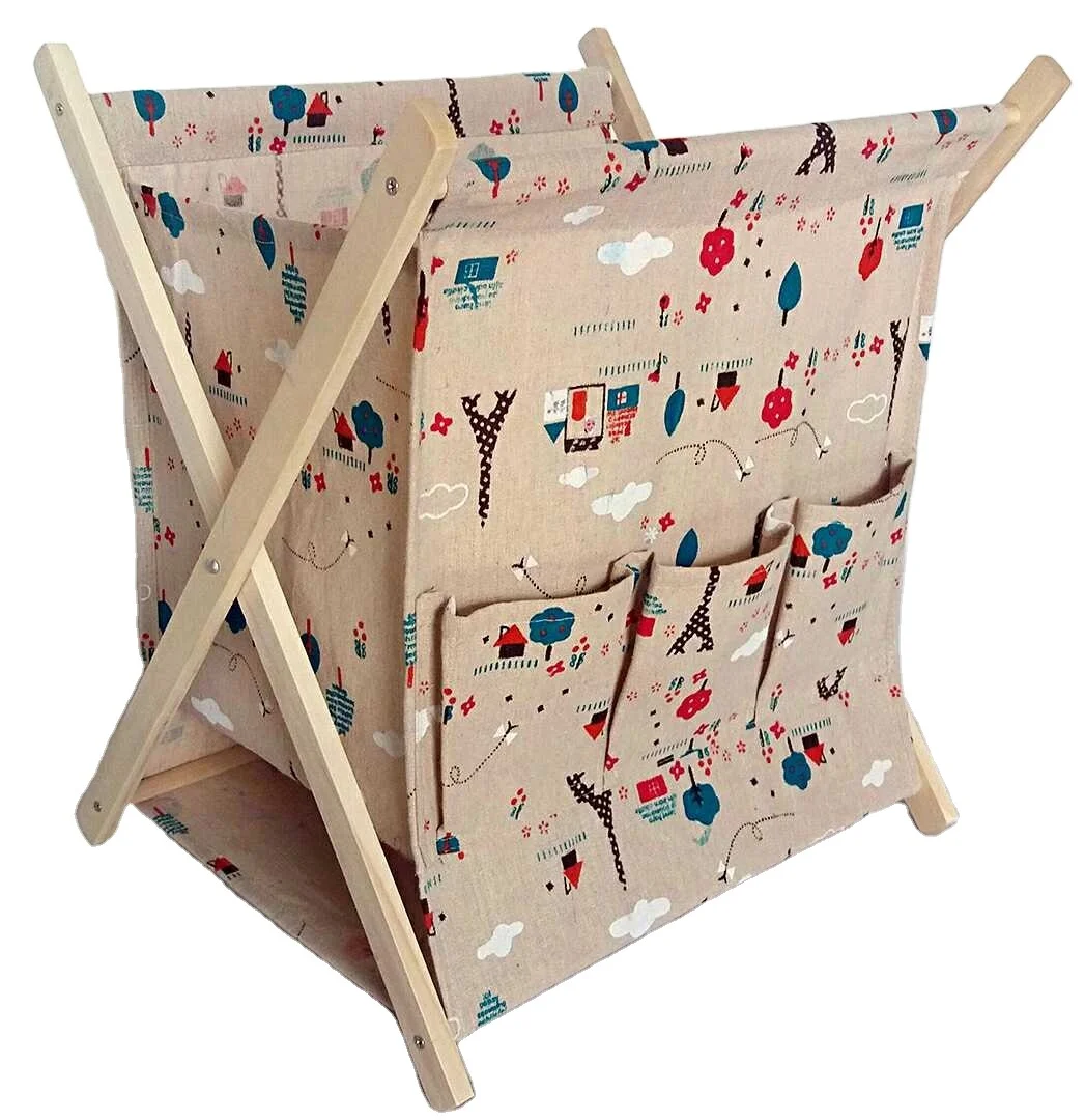 Folding Free Stand Wood Newspaper and Magazine Rack Colorful Fabric Hall Display Wood Book Magazine Storage Foldable Rack