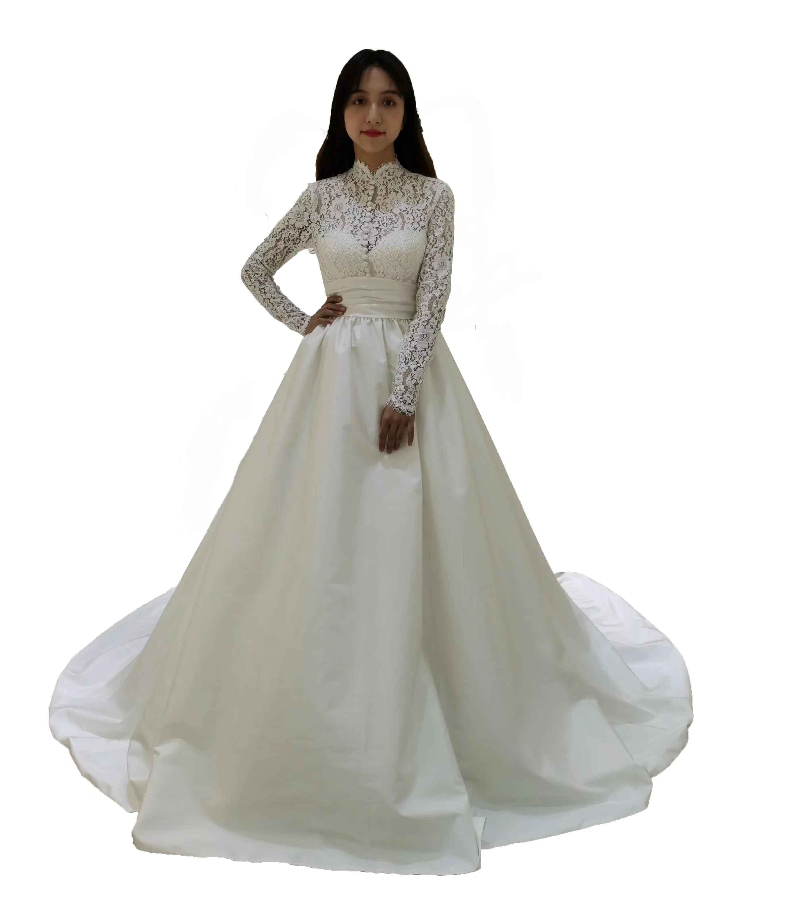 2021 long sleeve high neck muslim ball gown wedding dress bridal gown back big bow