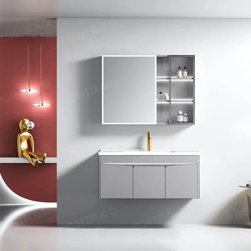 Modern Mirror Cabinet with Ceramic Basin Vanity Bath Room Furniture with Sensor Light Mirror Cabinet with Sink Vanity