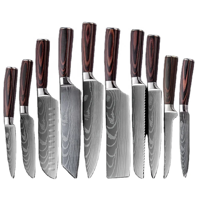 Hot sale 10 pcs sharp wooden handle stainless steel steak chef modern knives set custom kitchen knife set