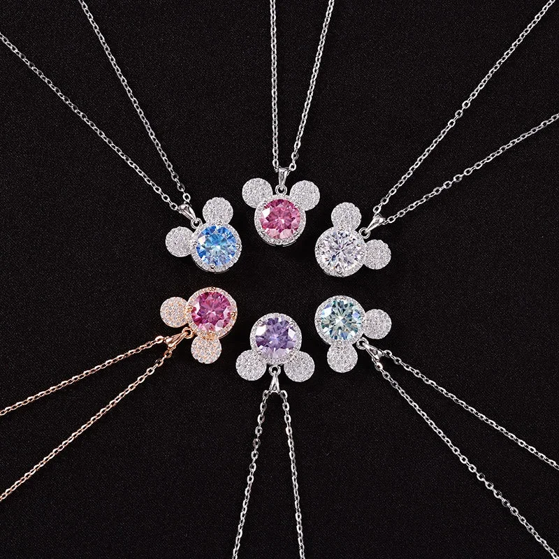 1 Ct  pink, blue ,white Moissanite Mickey mouse full diamond Pendant s925 sterling silver luxury necklace for women