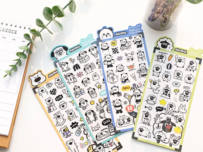 Nekoni Original Designs Animal Stickers Sheet Waterproof Stickers Sheep Panda Dog Bear PVC Decals Vinyl Sticker Planner Decals 