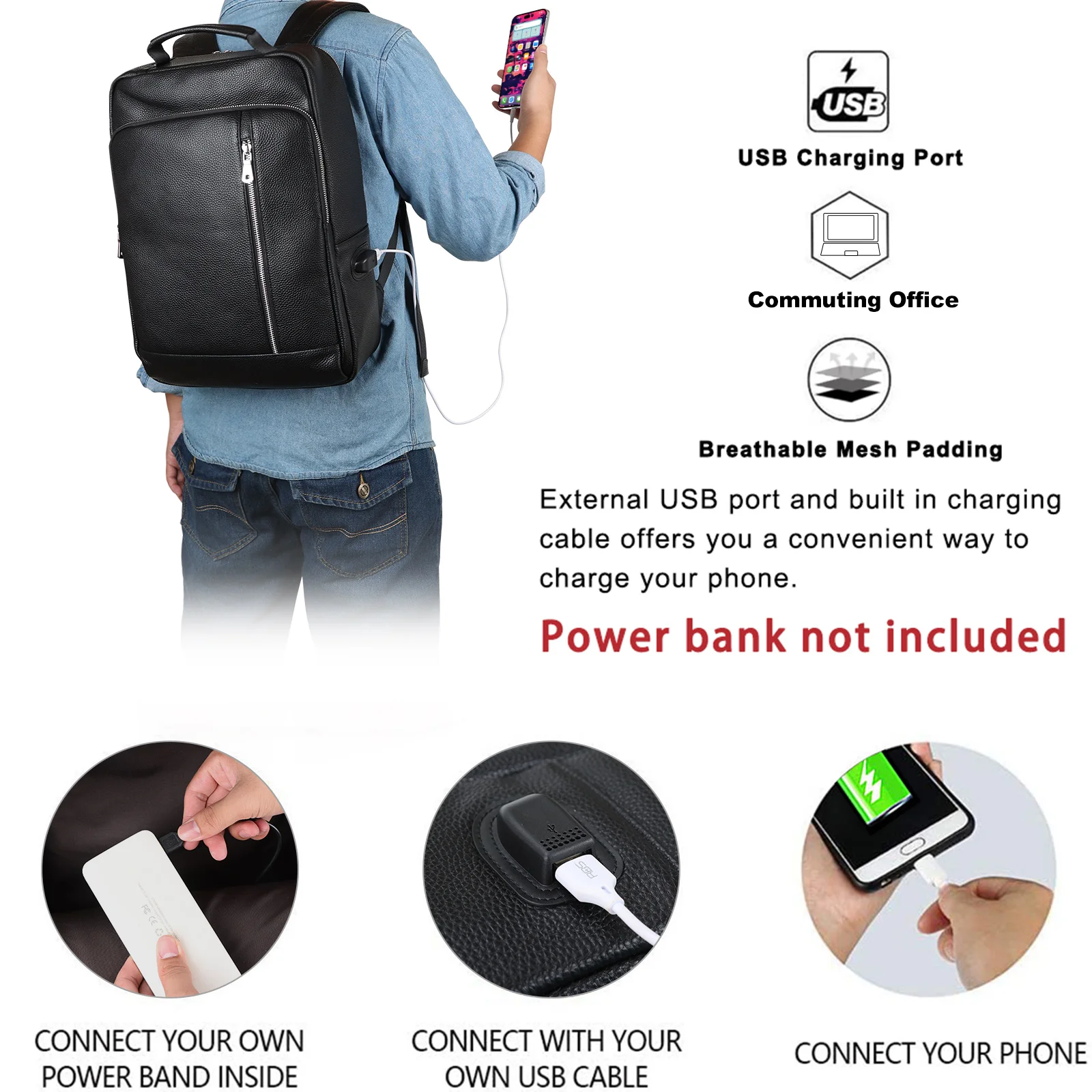 Custom Logo 15.6 Inch Cowhide Laptop Backpack Vintage Style Stock Black Full Grain Leather With USB Charging Port Casual Travel