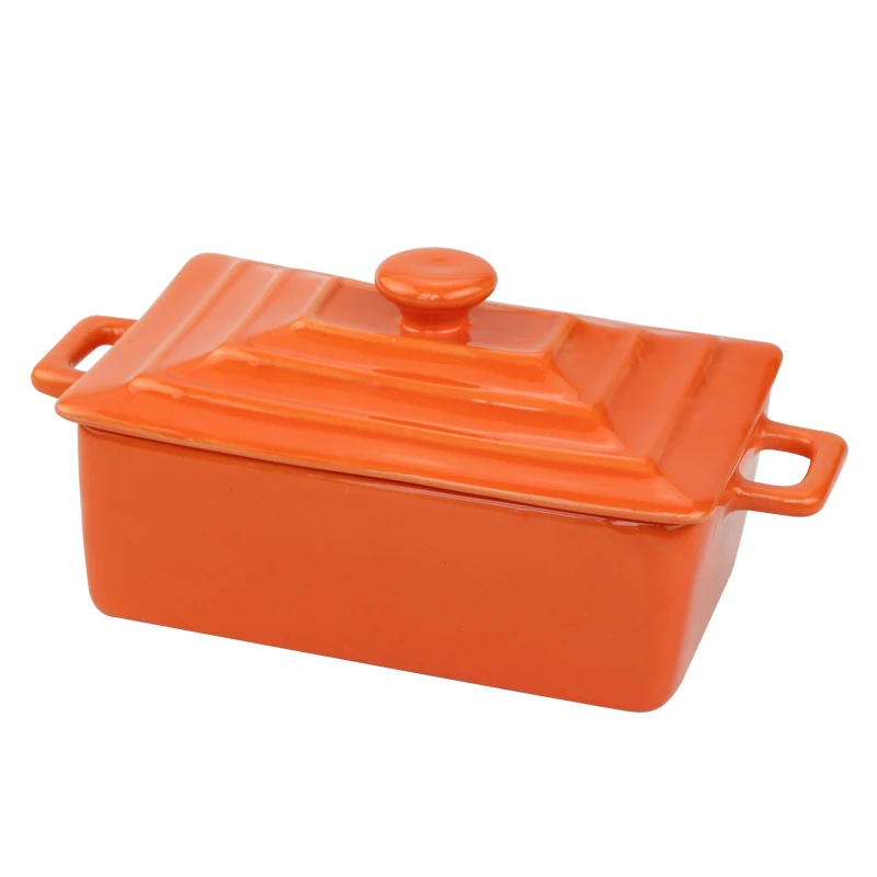 Rectangle Ceramic Ramekin Bowls Kitchen Creme Brulee Ramekins Restaurant Dessert Bowl with Lid And Double Handles