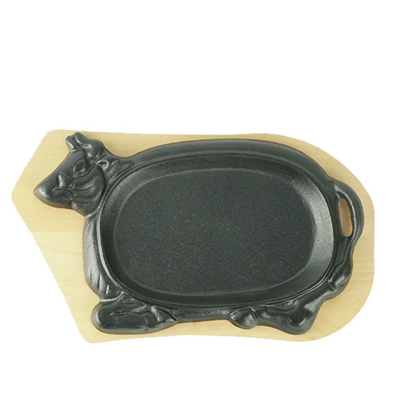 Hot Selling Dish Pan Cow Shaped Cast Iron Sizzling Steak Plate With wooden base Fajita Pan
