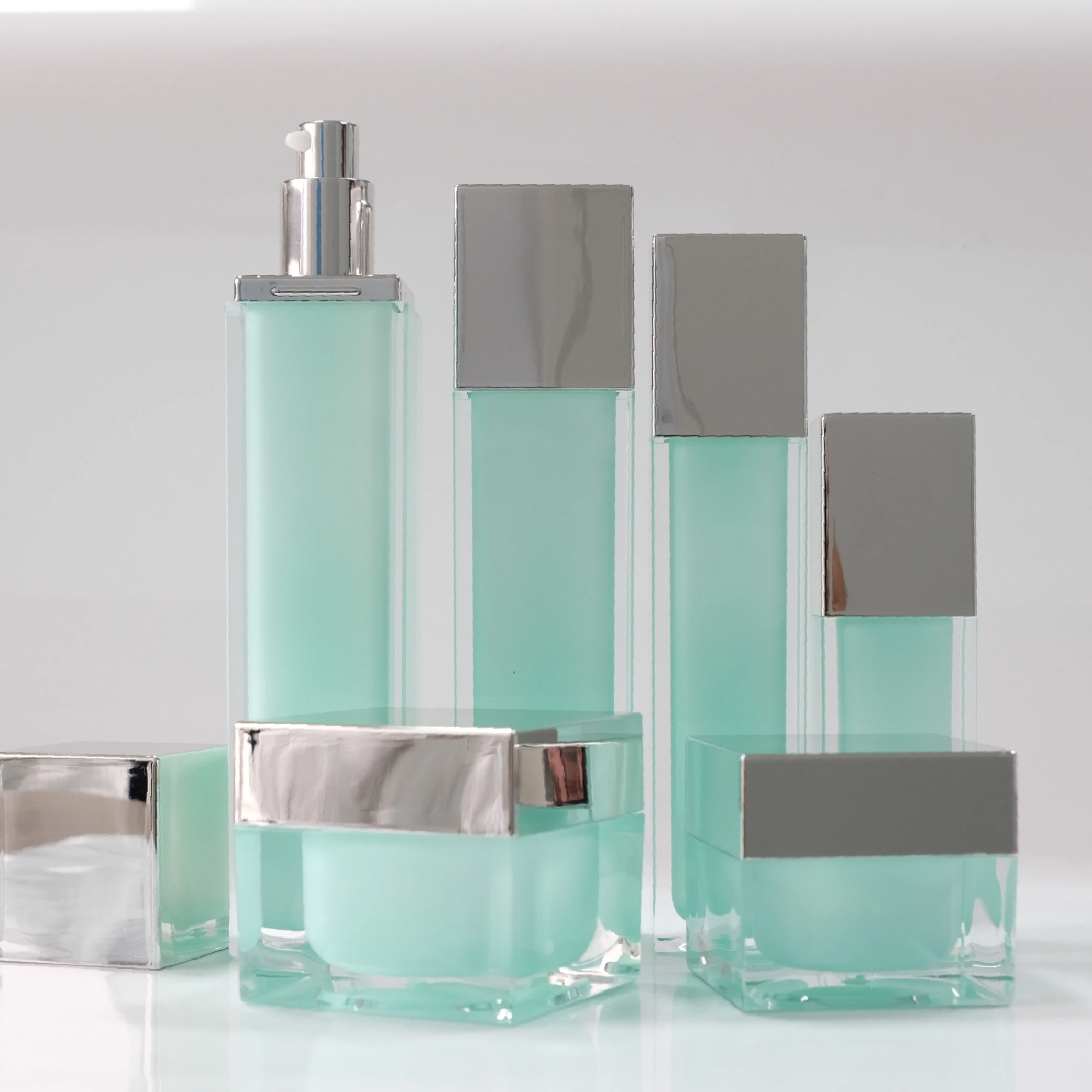 Wholesale custom luxury blue acrylic cosmetic pump bottle square shape cream container skincare packaging set