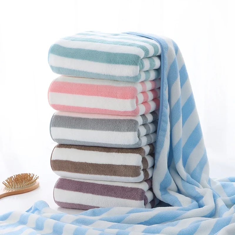 Factory Wholesale Microfiber Bath Towels Set Soft Super Absorbent Coral Fleece Towel For Bathroom Striped Bath Towels