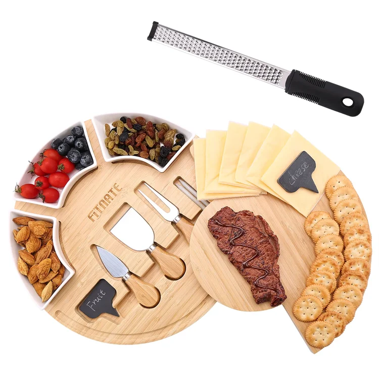 Rotatable Round bamboo Cheese Cutting Board set with knives Ceramic Plate