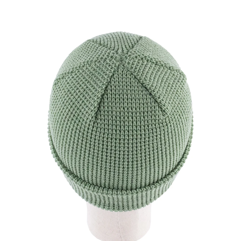 Warm & Comfort Wholesale Unisex 100% Acrylic Green Winter Knitted Beanie with Custom Woven Patch Merrow Edge Logo