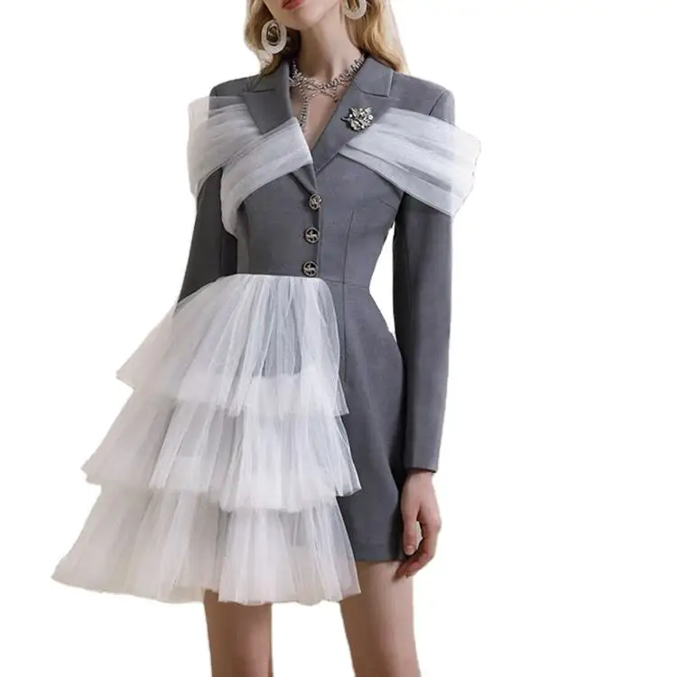 Женское элегантное официальное серое платье-блейзер OEM большого размера кружевное Многоярусное платье из гренадина новый дизайн ТРАПЕЦИЕВИДНОЕ женское для