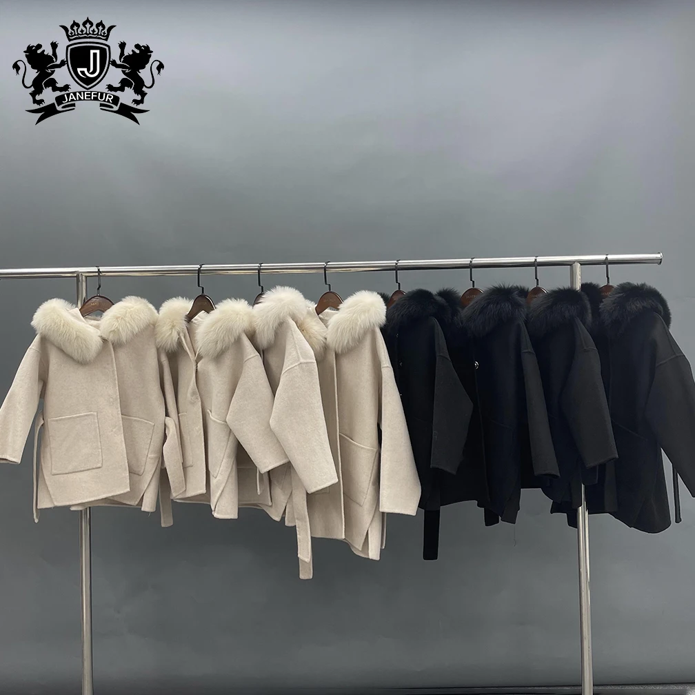 2024 european winter cape women wool double-sided cashmere coat fox fur fur hooded cloak wool cashmere coat