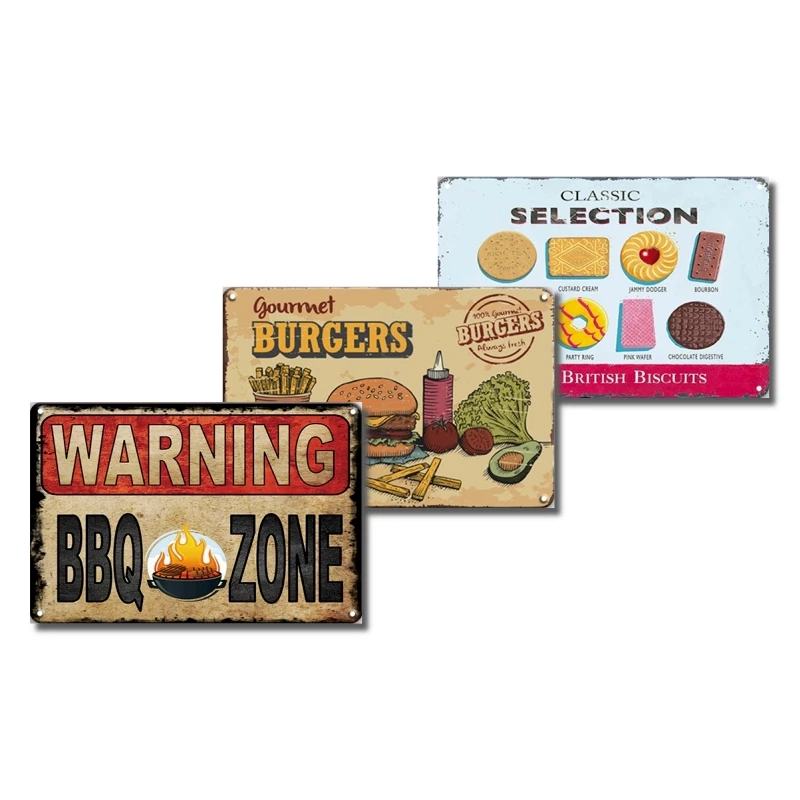Canteen Food Vintage Metal Tin Signs, 20cm X 30cm, Hamburger Hot Dog Pizza Retro Metal signs for Cafe Kitchen Restaurant.