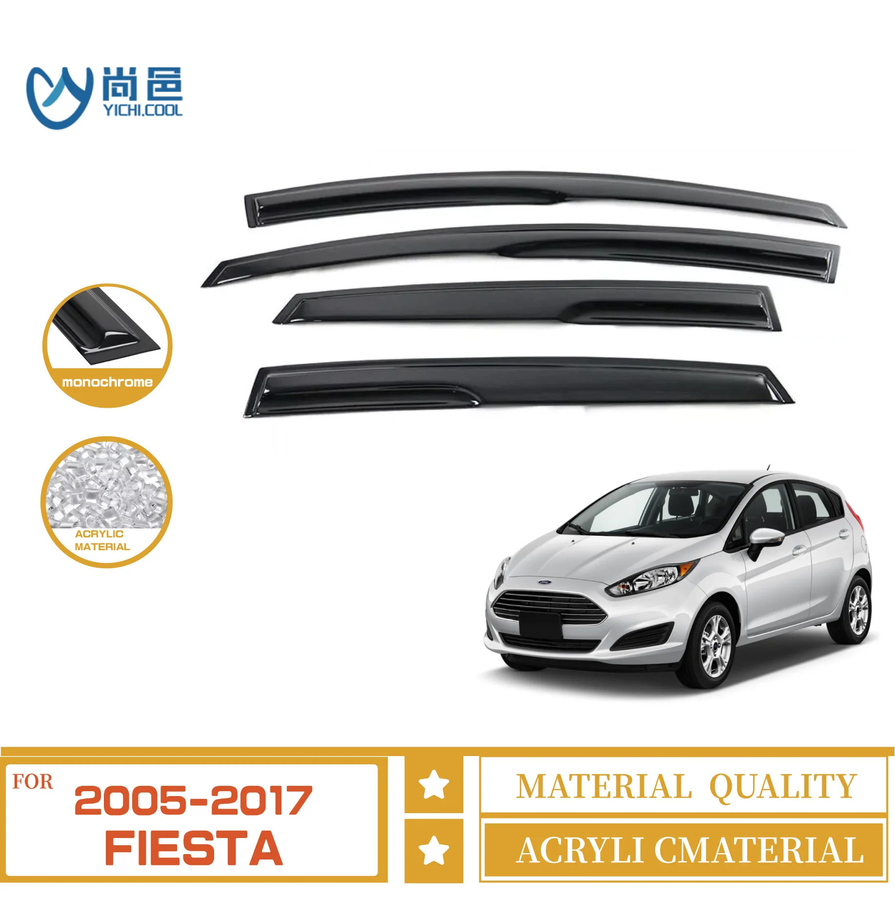 Hot Sale Car Exterior Accessories Bright Strip Style Vent Sun Shade Rain Guard Weather Shields For Ford Fiesta Side Window Visor