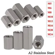 Hot selling Long hexagon nut M6 M8 M10 M12 M16 304 stainless steel hex coupling nut internal thread Extension nut