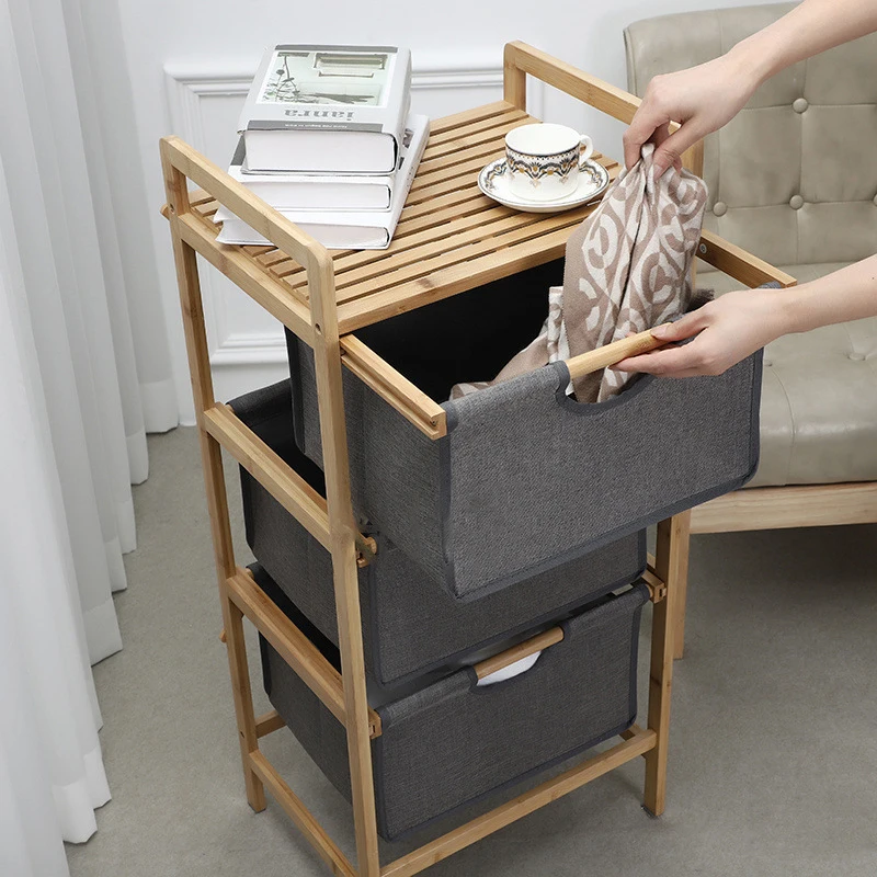 Good Price Bamboo Fabric Hotel Household Storage Organizer Frame Three-tier Drawer Rack