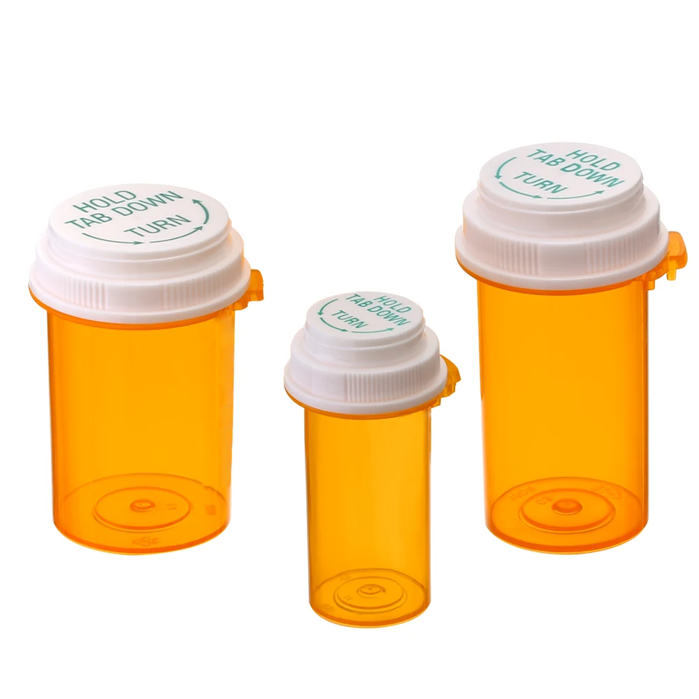 Pharmacy Touch Down Cap Vial Plastic Amber Thumb Tab Vials Reversible Push Down Bottle