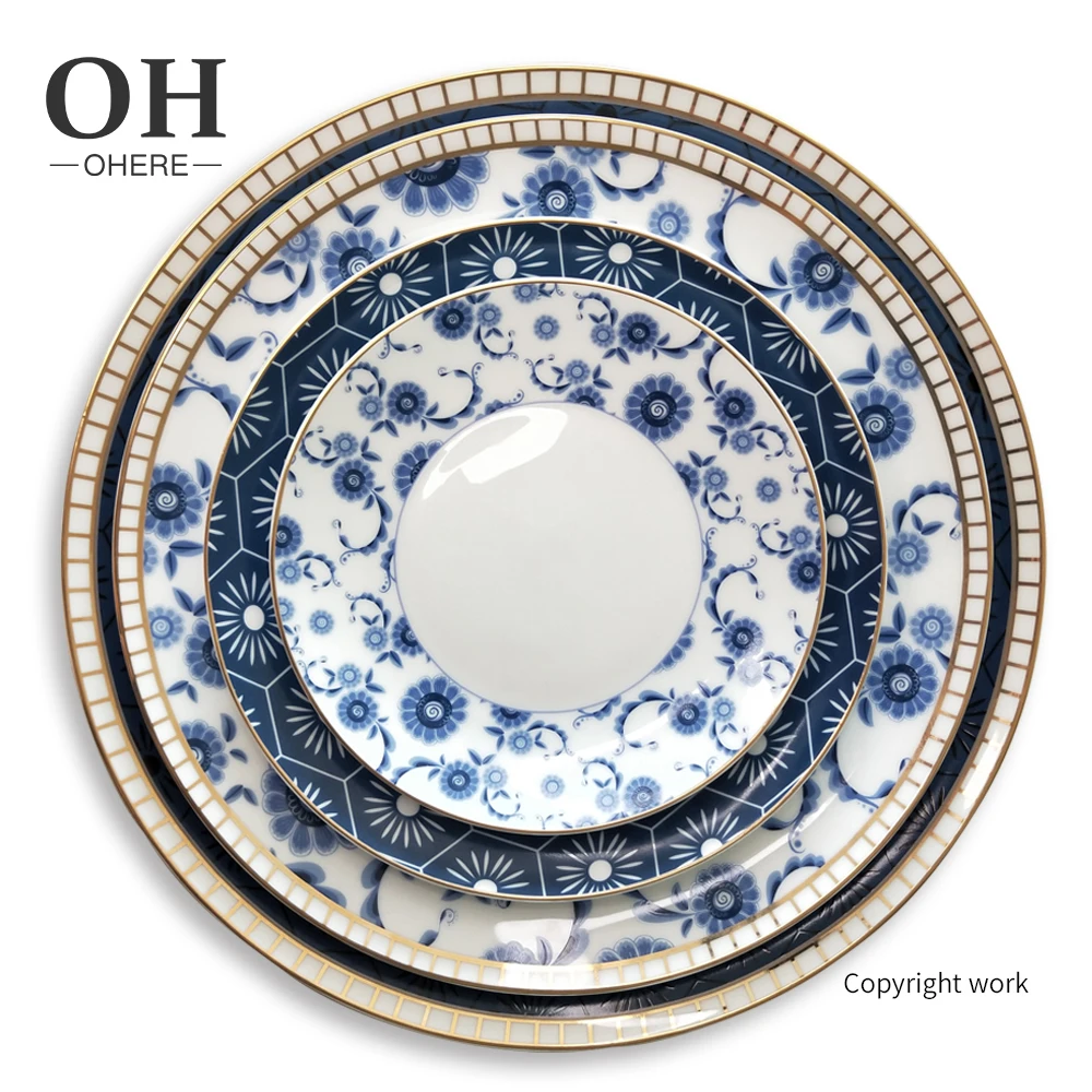 European plates sets wholesale wedding porcelain dish tableware set blue bone china porcelain dinnerware