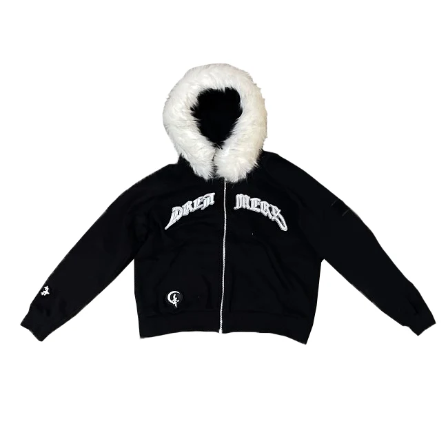 Custom High Quality  Keep Warm Fur Jacket Distress Embroidery Patch Heavyweight Zip Up Fur Hoodies Men