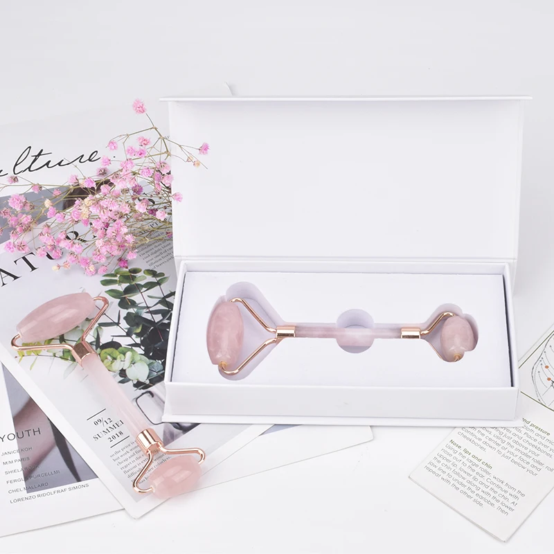Wholesale Pure Jade Natural Stone Pink Rose Quartz Crystal Facial Massager Anti Aging Beauty Jade Roller For Face with box