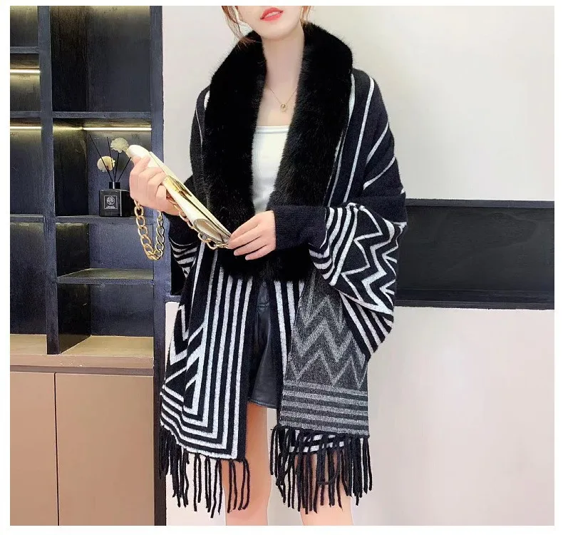 2023 Autumn Fashion lady ful collar elevated cape geometry cape knit warm noblewoman sweater shawl