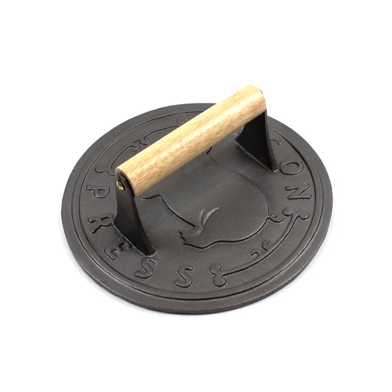 cast iron bbq heavy-duty meat bacon press with wood handle