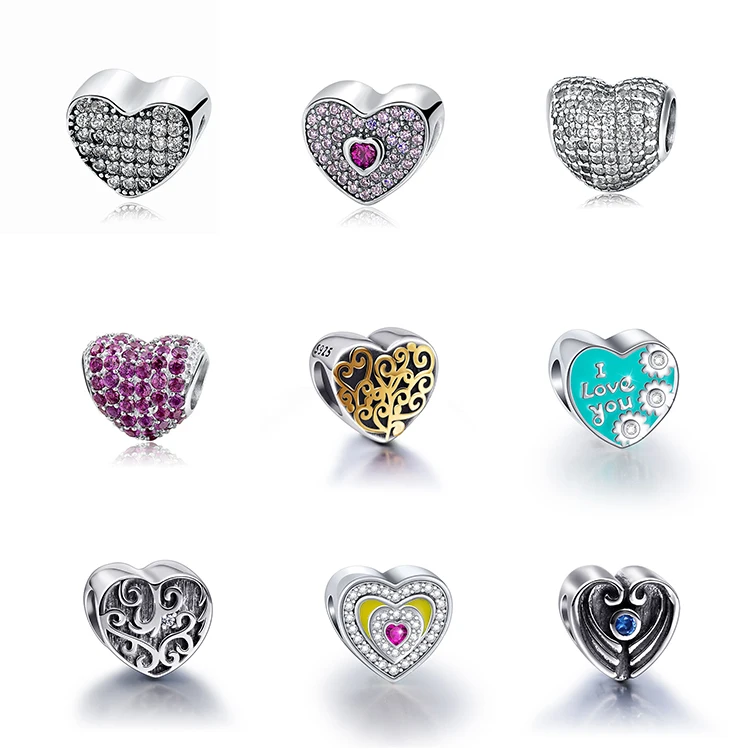 925 Sterling Silver Zircon Heart Shaped Charms for Bracelet Making DIY Jewelry