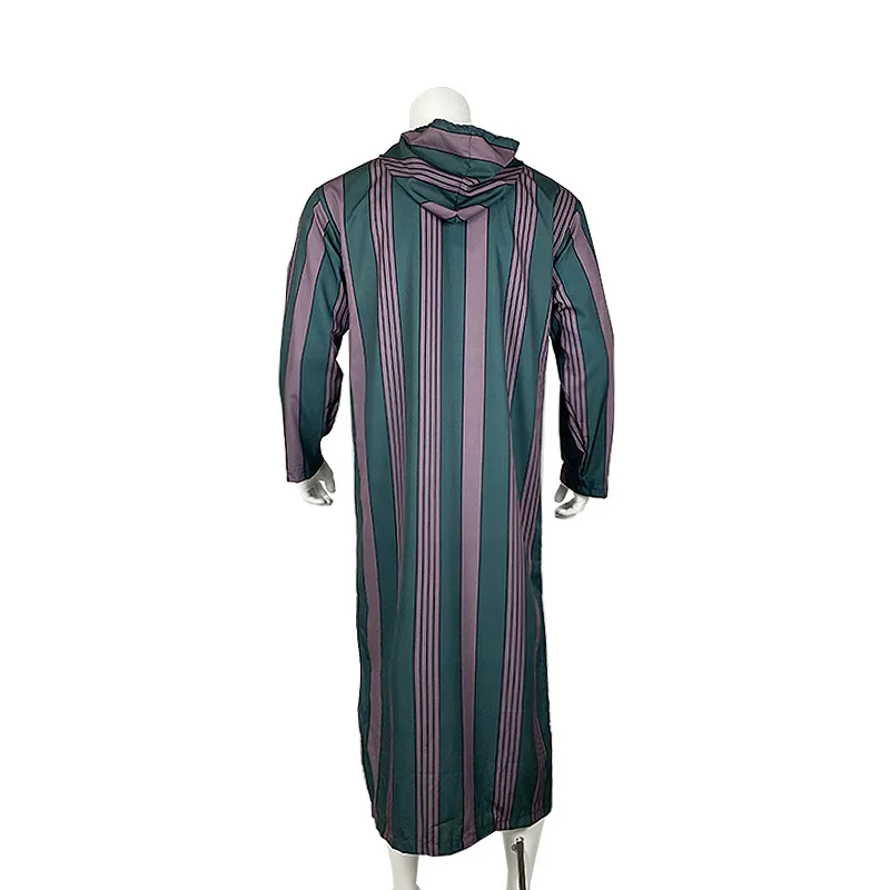 Mens Kaftan Hooded Robe Men Muslim Prayer Dress Stripe Gown Thobe Casual Long Shirt