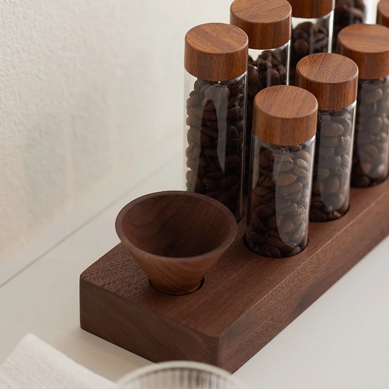 SIYUE 6 tubes 18g coffee bean with Wooden funnel  Glass Cork Spices Holder Jar Rack Coffee Pod Holder Storage Tubes 2341