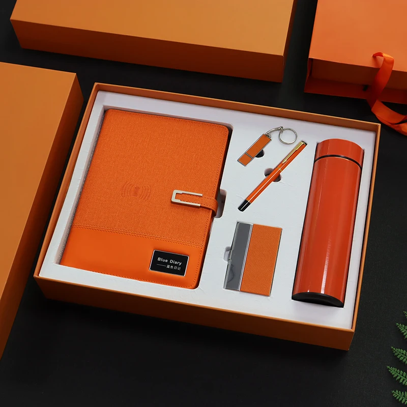 Wholesale orange gift sets 5 in 1  orange color Thermos cup gifts set Notebook USB Pen Drive Name Card Case Corporate Gift Set
