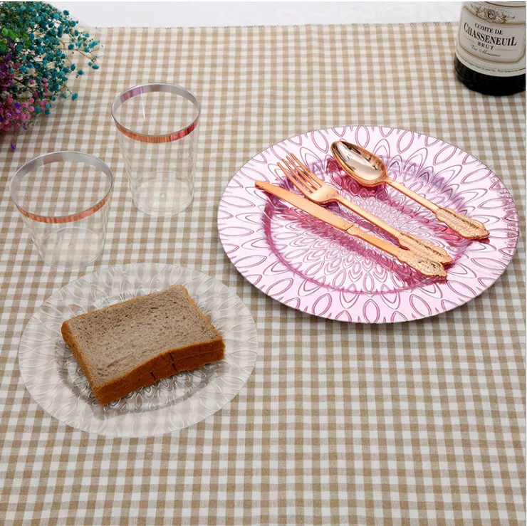 Disposable Plastic Gold Rose Gold Dessert Cake Crown Spoons Fork Knife Flatware Utensils Set for Party Wedding or Daily Using