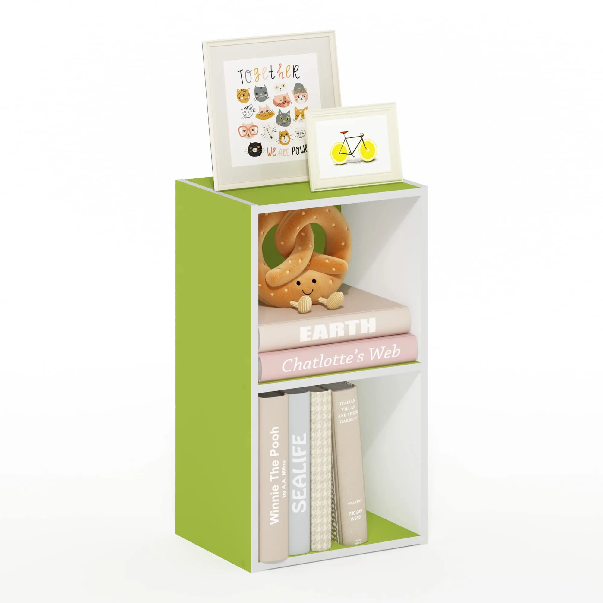2-Tier Modern White and Green Furniture Bookcase Cube Wooden Bookshelf for Living Room Bedroom Hotel Storage for Home Decor