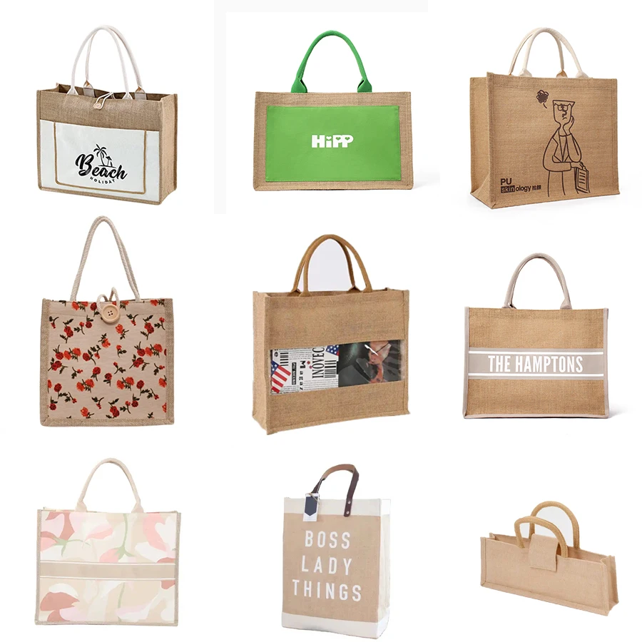 Eco bolsa de yute многоразовая Ламинированная Сумка-тоут для шоппинга джутовые сумки с принтом