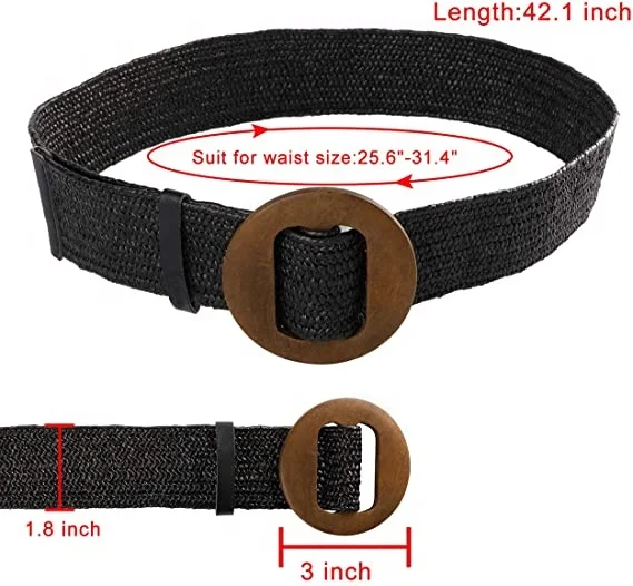 Плетеный эластичный пояс из соломы Женский облегающий для платья модный плетеный ремень с круглой деревянной пряжкой