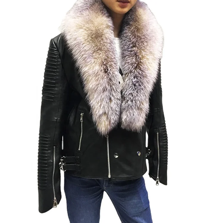 Wholesale Outer Pockets Real Soft Sheepskin Leather Zipper Black Men Motorcycle Leather Jacket