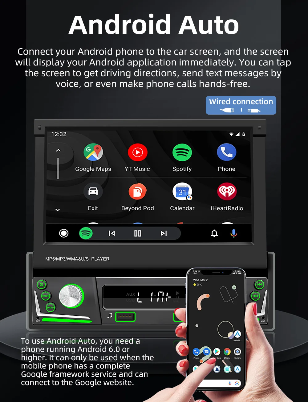 Universal 7 Inch 1 Din Car Radio Player Manual Retractable Car Stereo Wireless Carplay Mirror Link USB AUX Android Auto