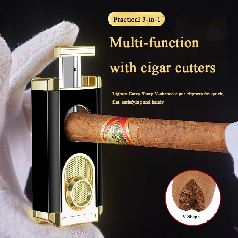 DEBANG cigar lighter triple torch flame windproof new design metal refillable torch lighter with cutter and pretty gift box