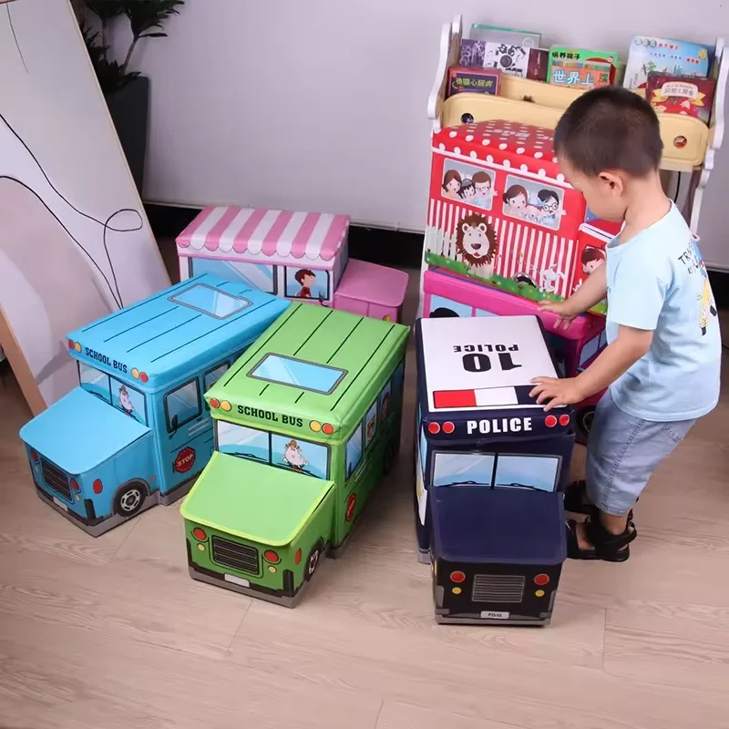Cartoon Car  Non-woven Storage Box Folding Ottoman Of Kids School Bus Storage Stool