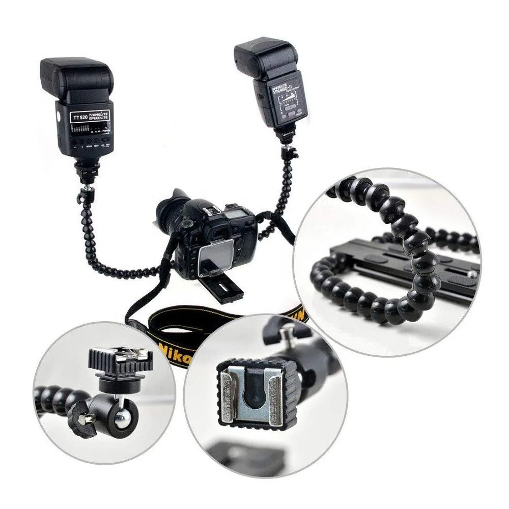 Portable Flexible Gooseneck Octopus Dual arm Dual Hot Shoe Flash Bracket Grip Holder Mount for Macro Shot