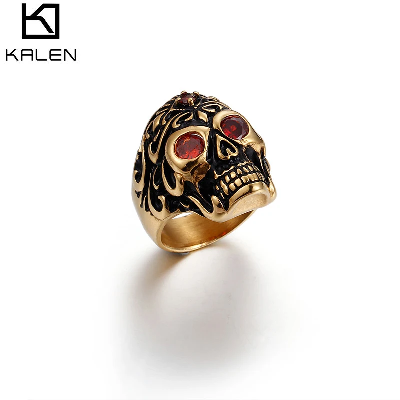 KALEN Vintage Gold Skeleton Head Stainless Steel Red Zircon Men Finger Ring
