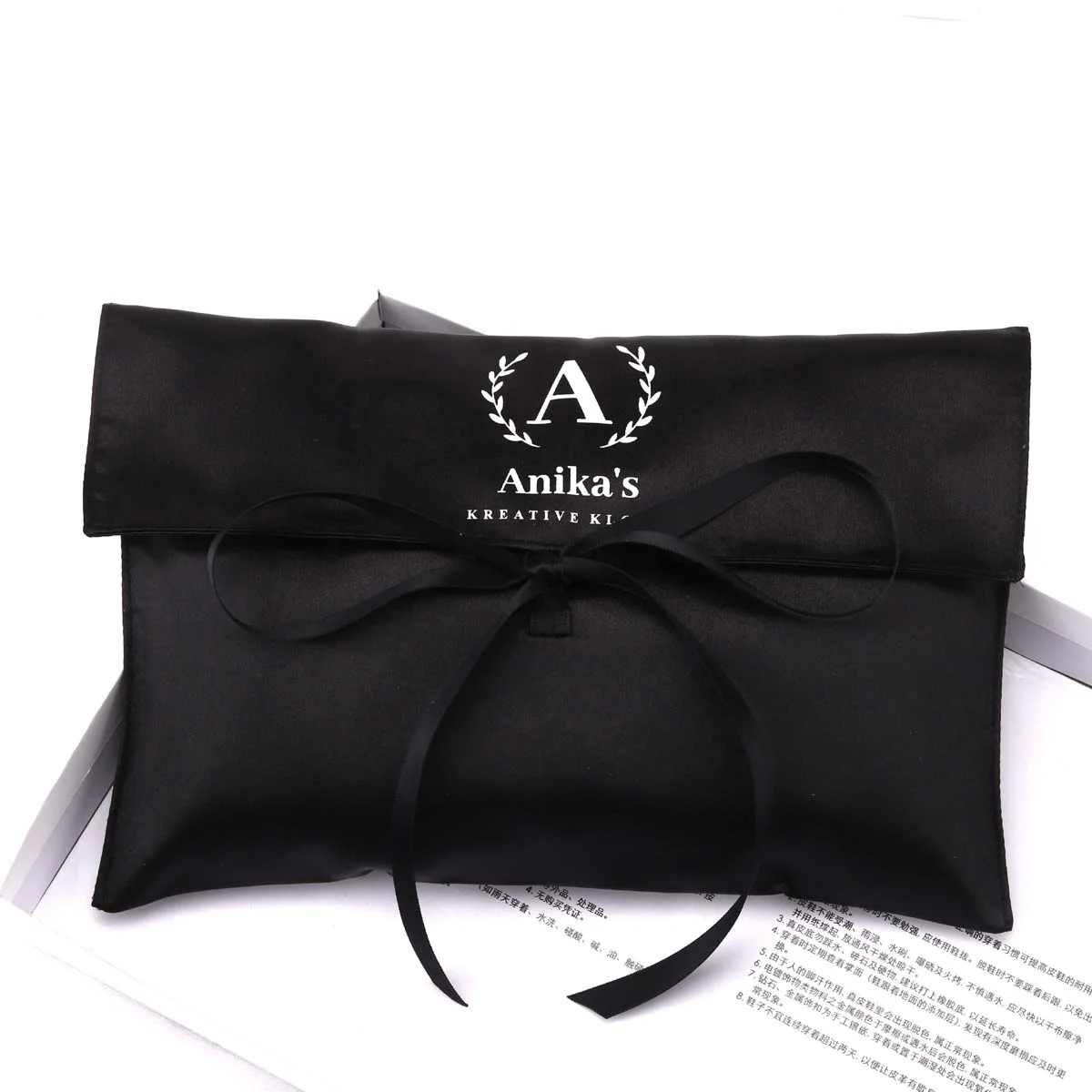 Recyclable Luxury Makeup Cosmetic Satin Envelope Pouch With Tie Custom Logo Printed Black Satin Hair Extension Packing Bag