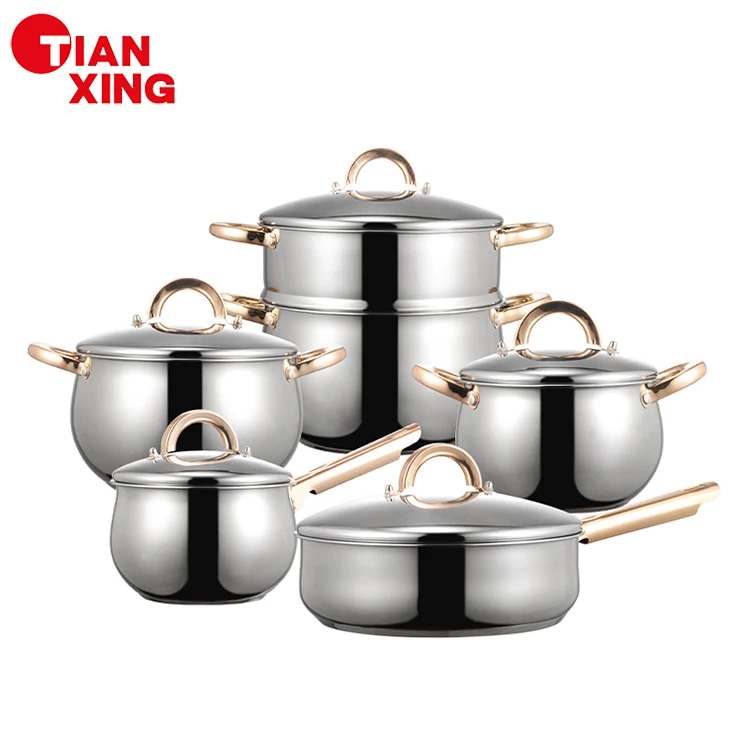 Home And Kitchen 11pieces Gold Handle Cooking Pots Fri Pan Steamer Pot Casserole Cookware Set Stainless Steel Pots And Pans