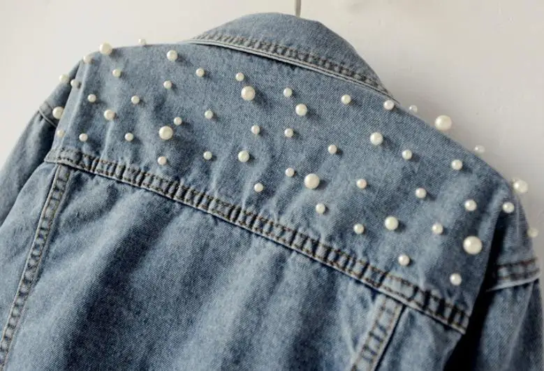 
Pearl Beading Short Denim Jackets Women Long Sleeve Vintage Casual Jean Jacket Denim Coat 